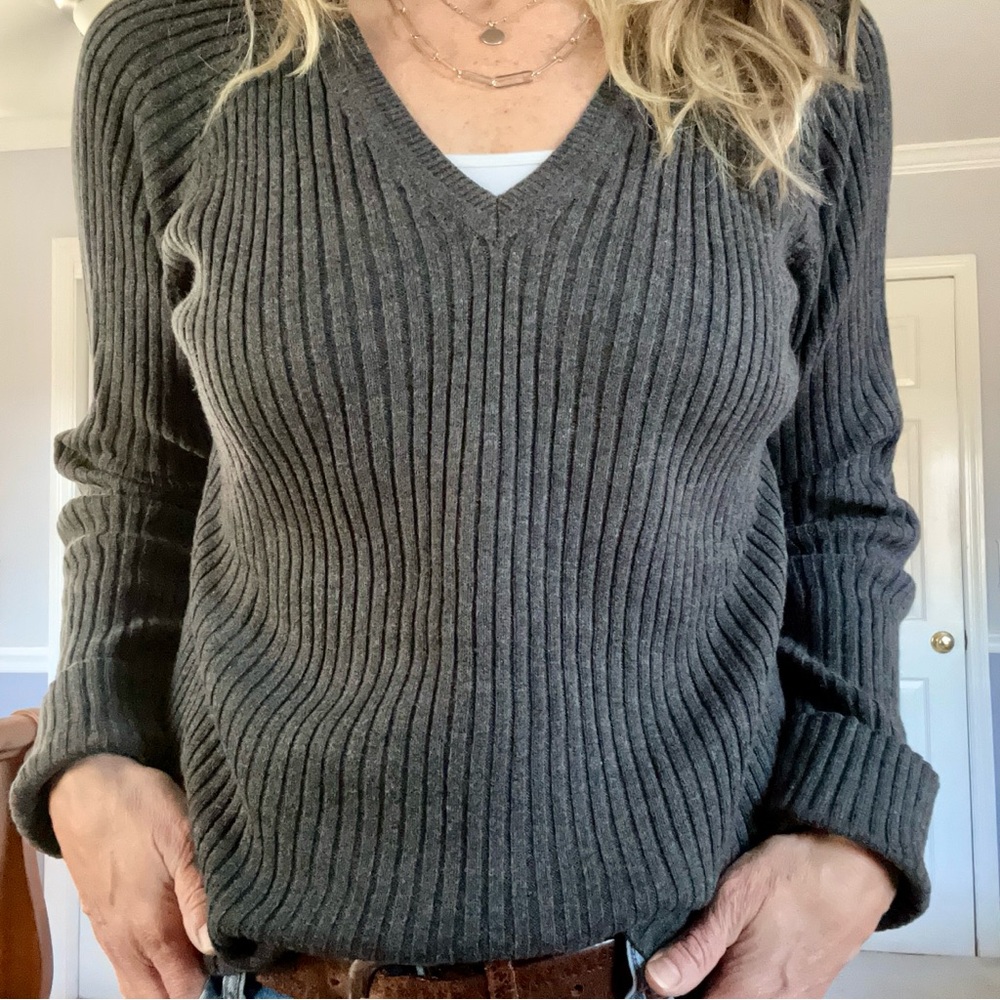 J. Crew, charcoal, cotton, rib knit, v-neck, long cuff sleeve, sweater - size L